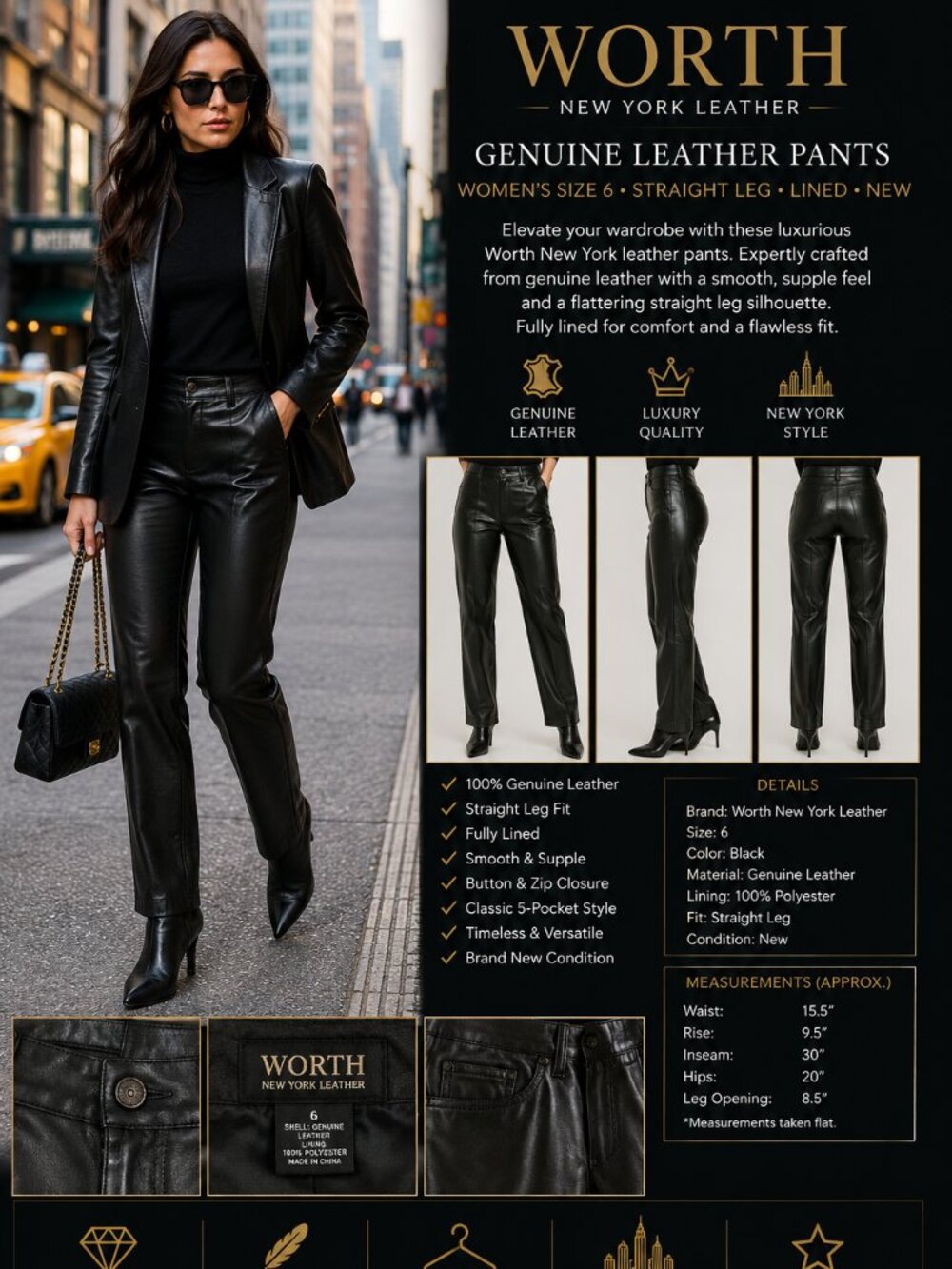 Worth Black Genuine Leather Pants Women’s Size 6 Straight Leg Lined Luxury New